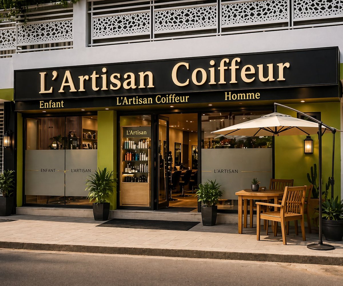 LArtisan Coiffeur hair salon storefront with black signage, glass doors, outdoor seating area with umbrella and wooden chairs