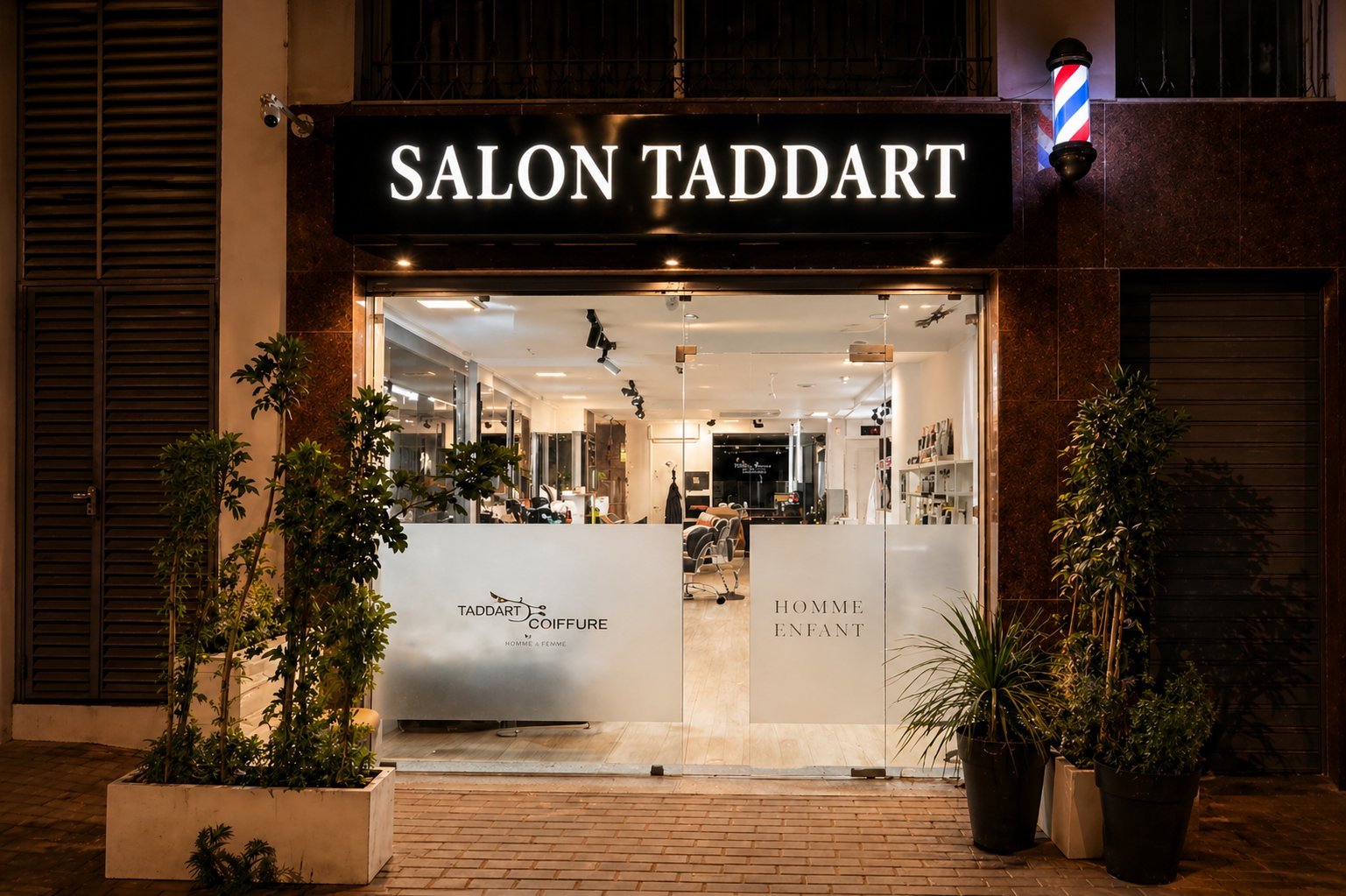 Storefront of Salon Taddart at night, illuminated display window with signage and potted plants flanking the entrance