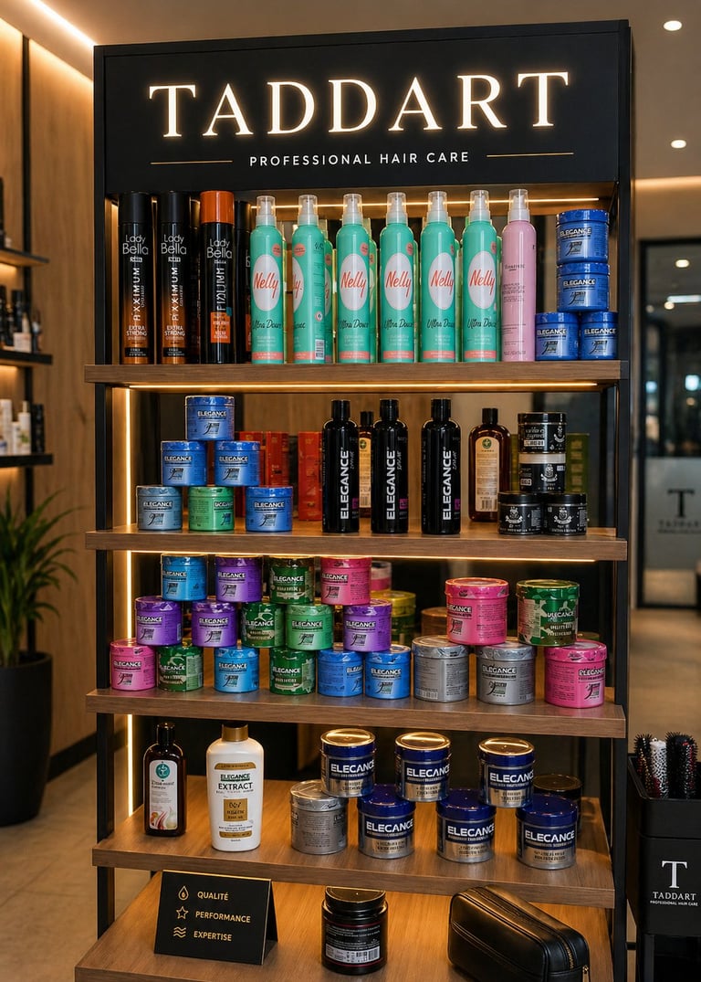 TADDART professional hair care product display shelf with multiple bottles and containers organized on wooden shelves with warm lighting