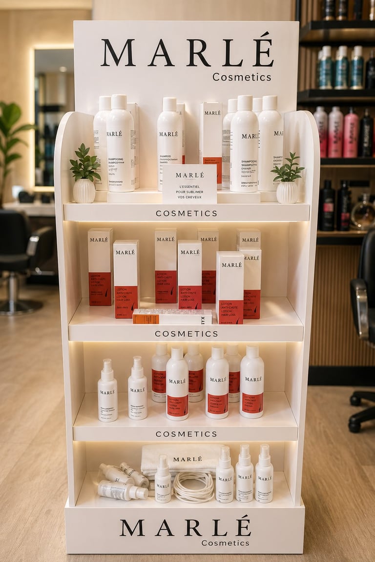 White Marlé Cosmetics display stand with four shelves showcasing beauty products including white and red bottles, with branded signage and decorative plants