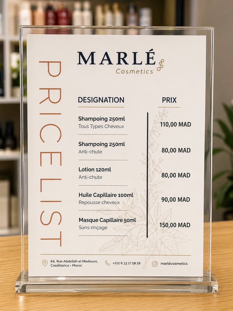 Marle Cosmetics price list display showing shampoos, lotion, hair oil and mask products with prices in MAD currency