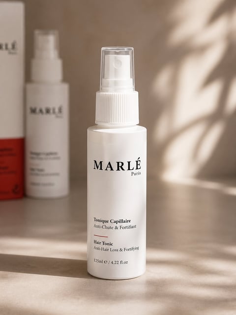 Marlé Paris hair tonic spray bottle displayed with matching product in background on neutral surface with shadows
