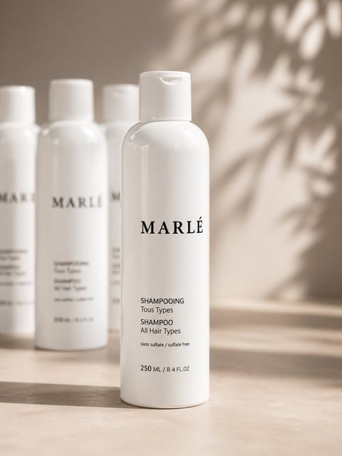White MARLE shampoo bottle for all hair types displayed with similar products in soft natural lighting with plant shadows