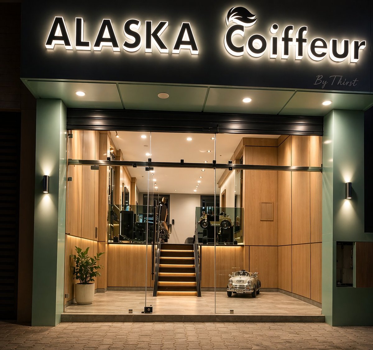 Modern hair salon storefront with Alaska Coiffeur illuminated sign, wooden interior design, glass facade, and lit entrance at night