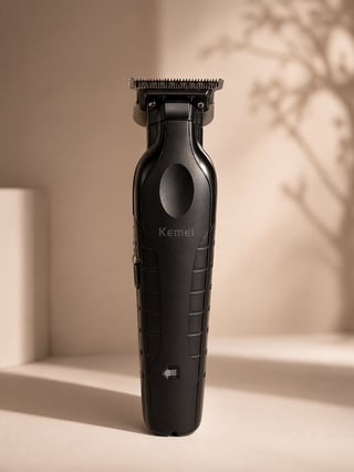 Black Kemei electric hair trimmer with metal cutting head and textured grip displayed upright against neutral background