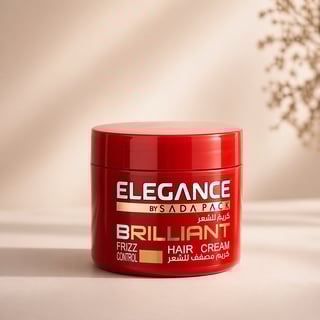 Red jar of Elegance Brilliant Frizz Control Hair Cream by Sada Pack on a neutral beige background with dried flowers