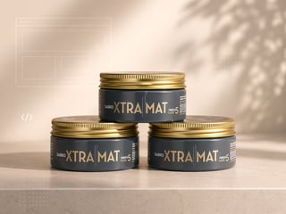 Three stacked jars of Xtra Mat product with black labels and gold lids arranged on a light surface with plant shadow overlay