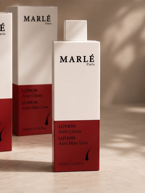 Marle Paris Anti-Hair Loss Lotion bottles with white cylindrical containers and red lower labels on neutral background