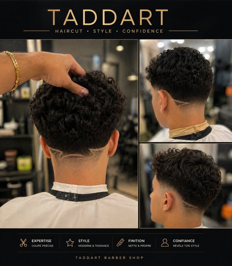TADDART barbershop showcase displaying a modern mens haircut with textured curly top and faded sides from multiple angles